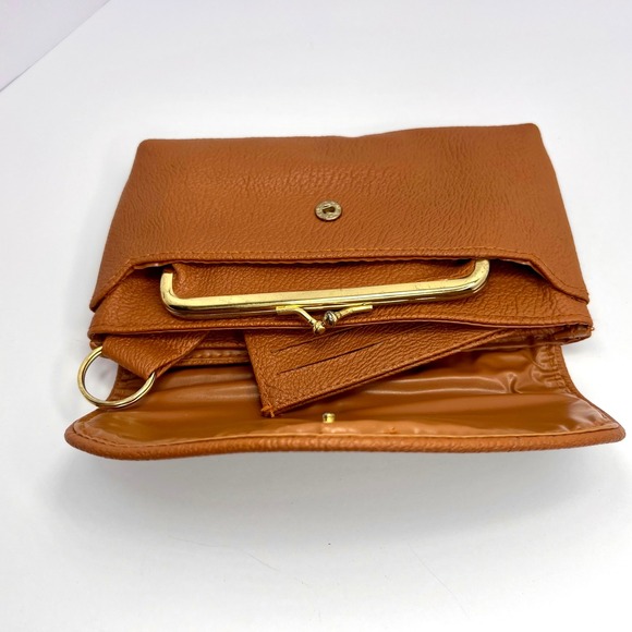Vintage Tapestry Wallet Faux Brown Leather Complete‎ Set Kiss Clasp Coin Key Fob - Picture 4 of 10